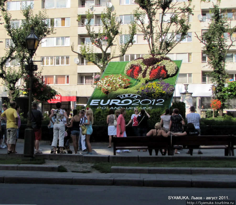 Картина из цветов с эмблемой чемпионата на центральной улице Львова. Львов, Украина
