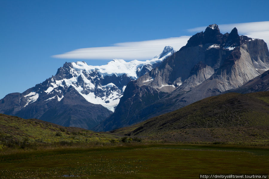 Торрес-дель-Пайн - горы, облака, кара-кара. Национальный парк Торрес-дель-Пайне, Чили