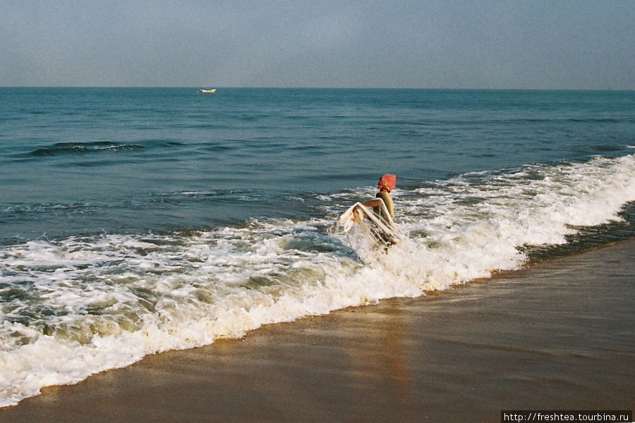 Утром океан довольно тихий, и у берега ходят стайки мелкой рыбешки (поди малюва), вот ее-то и ловят пауком. Негомбо, Шри-Ланка