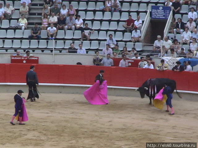 матадор спешивается и подходит к быку вместе с помощниками.. Барселона, Испания