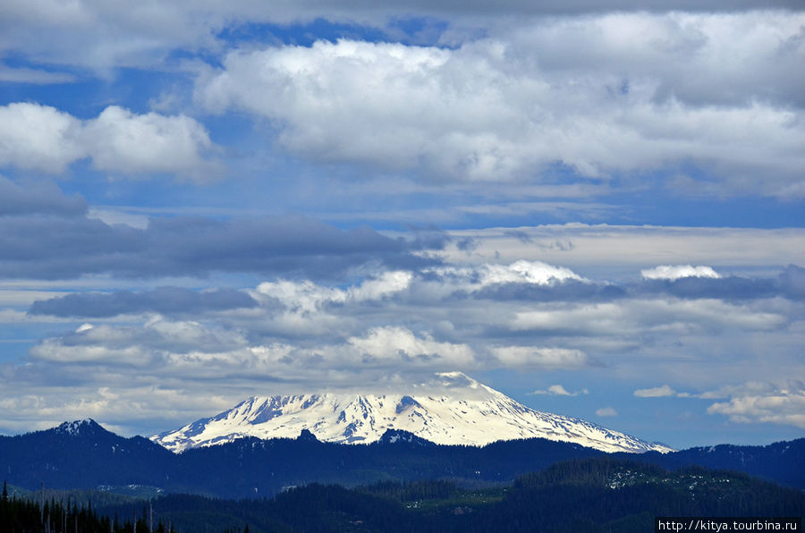 Гора Адамс проглядывает из-за туч. Штат Вашингтон, CША