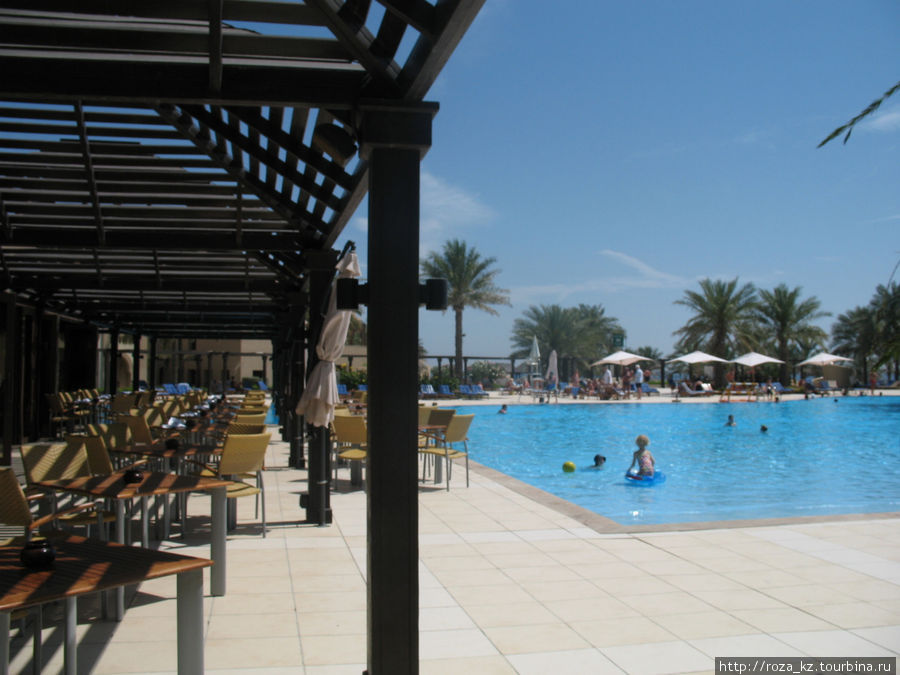огромный бассейн и слева кафе у бассейна Фуджейра, ОАЭ