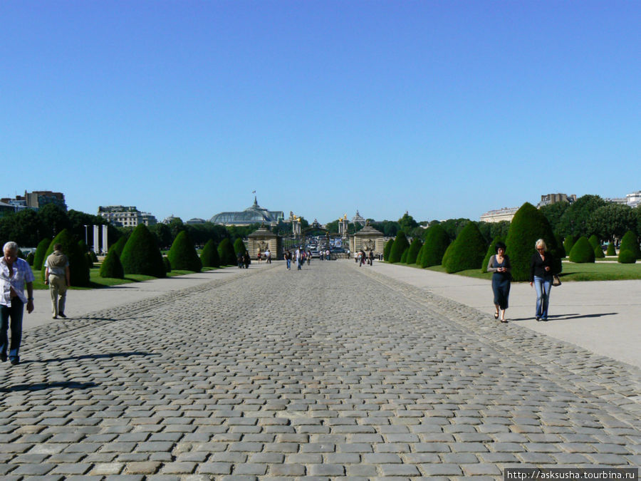 С севера к Дому Инвалидов примыкает широкая эспланада длиной почти полкилометра. Она заканчивается у моста Александра III, позволяющего попасть на правый берег Сены к Большому и Малому дворцам. Париж, Франция