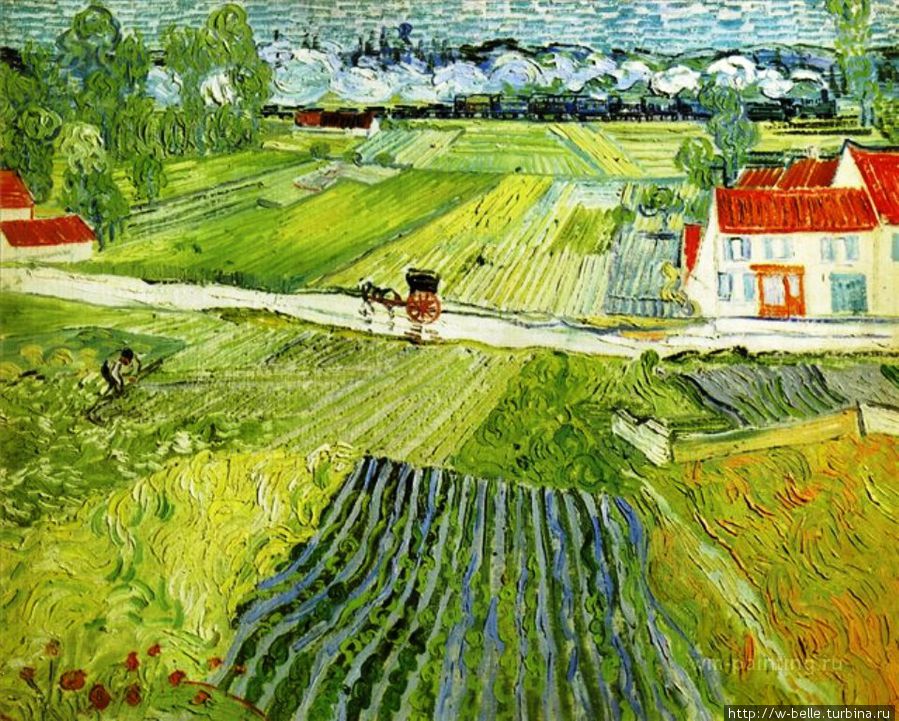 Пейзаж в Овере после дождя ( Пейзаж с повозкой и поездом), Ван Гог, 1890г Овер-сюр-Уаз, Франция