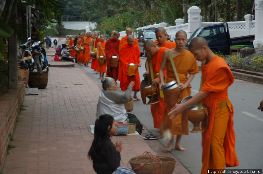 Интересный момент. Женщины подают монахам еду, а девочка просит у них же милостыню. Важно помнить, что подаяние само по себе — это не милостыня, подобное отношение оскорбительно для монахов (хотя настоящего буддиста оскорбить невозможно) и для дающего. Поэтому монахи и сами вполне способны подать девочке горсть риса. Луанг-Прабанг, Лаос