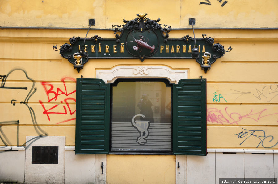 Фасад с витриной одной из старейших аптек города у основания Михалской браны... Увы, с автографами мастеров нового жанра — уличного граффити. Братислава, Словакия