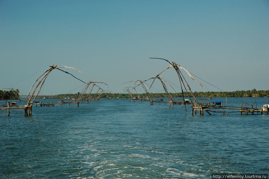 Так называемые китайские рыболовные сети представляют собой блочный подъемный механизм. Управляются они командой из 3-4 человек, которая погружает в воду и поднимает оттуда сеть, натянутую на эти торчащие 4 пальца. Только, как можно разглядеть, сетей-то нету, стоят одни остовы. Думаю, сети сняли из-за запрета на рыбную ловлю этим методом. Аллеппи, Индия