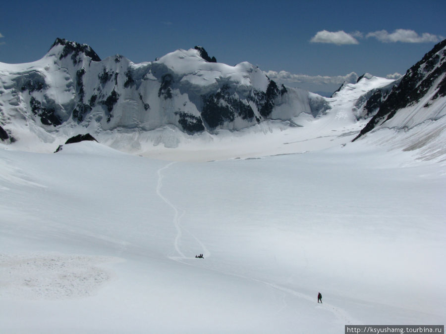 ледник Менсу, вдали справа — подъем на Берельское седло, нам туда. Тюнгур, Россия