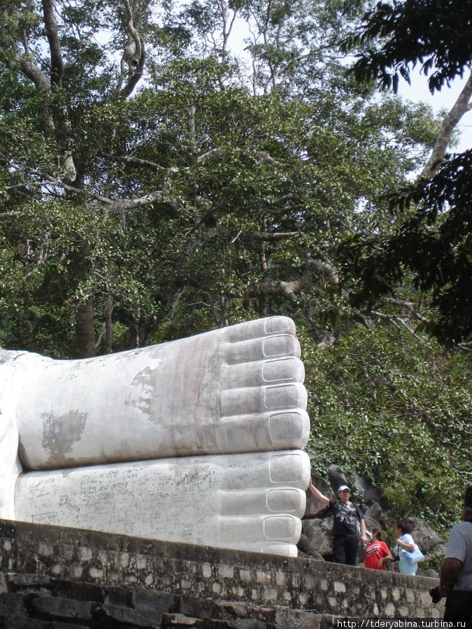 Как и во многих культовых местах здесь существует поверье, что если загадать желание, держась за большой палец статуи Будды оно обязательно сбудется. Многие этим пользуются. Фантхиет, Вьетнам