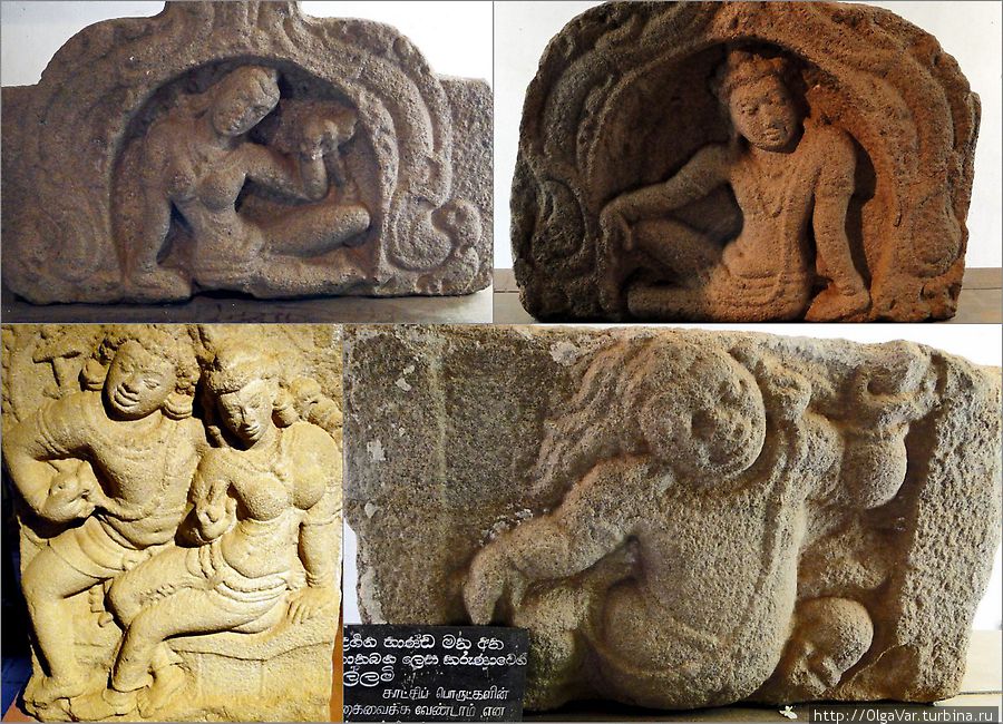 Верхний ряд: — изображения танцовщиц. Нижний ряд — композиция Влюбленные и Ребенок (6-8 век н.э.) Анурадхапура, Шри-Ланка