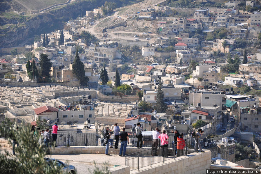 Вид с Масличной горы на Город Давида, самую древнюю часть Иерусалима, построенную на террасах холма Офер в 10 веке до н.э. как столица еврейского государства. Иерусалим, Израиль