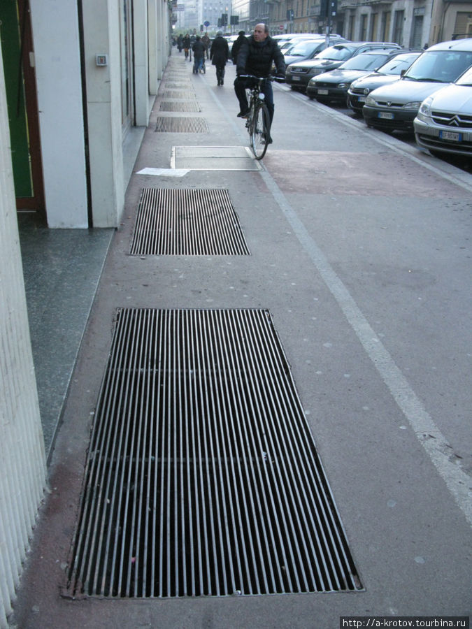 вот такие сетки в тротуаре указывают на то, что в зданиях имеется подвал, окна которого выходят под решетку Милан, Италия