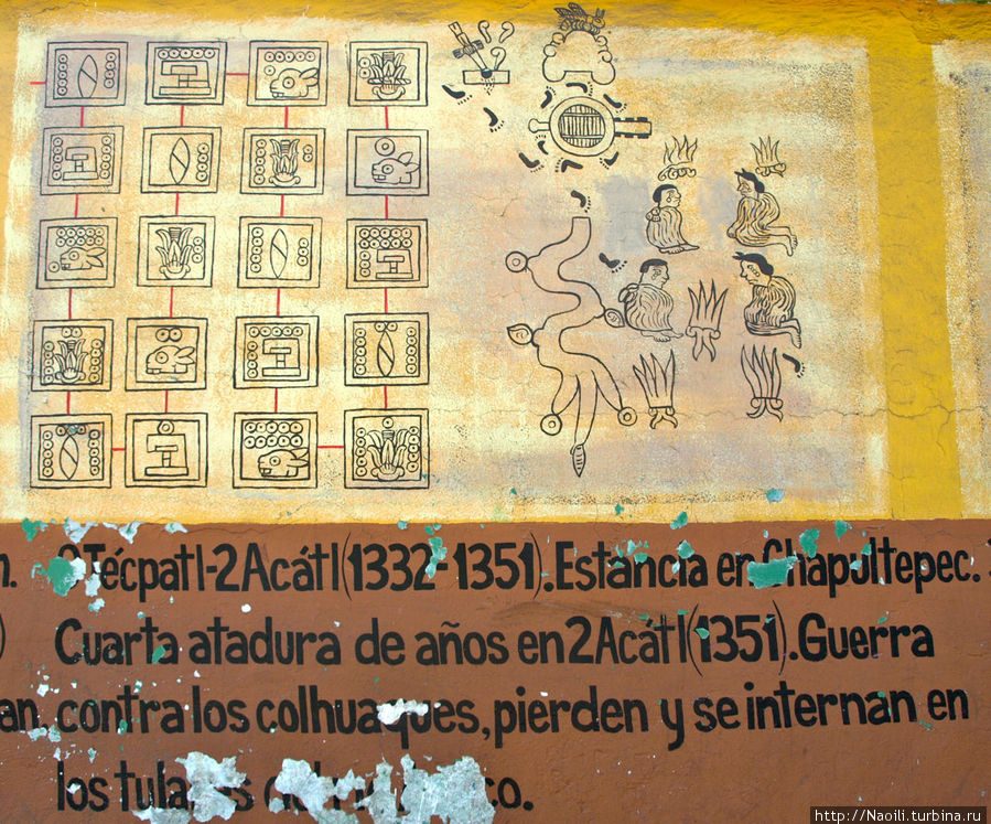 9Тепатл- 2Акатл(1332-1351) Поселение Чапультепек (ныне парк и дворец). Четвертая связь времен. 2 Акатл (1351) Война с Койояканом (ныне район Мехико) проигрывают войну и возвращаются. Тула-де-Альенде, Мексика