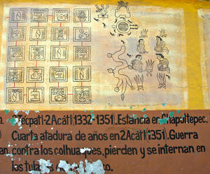 9Тепатл- 2Акатл(1332-1351) Поселение Чапультепек (ныне парк и дворец). Четвертая связь времен. 2 Акатл (1351) Война с Койояканом (ныне район Мехико) проигрывают войну и возвращаются.