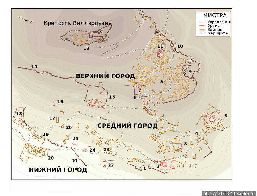 1.Главный вход  2.Митрополия  3.Евангелистрия  4.Церковь Св. Феодоров  5.Афендико (Одигитрия)  6.Монемвасийские ворота  7.Церковь Св. Николая  8.Дворец Палеологов  9.Нафплионские ворота  10.Верхний вход в цитадель  11.Церковь Св. Софии  12.Малый дворец  13.Цитадель  14.Mavroporta  15.Монастырь Пантанасса  16.Таксиарха  17.Дом Франгопулоса  18.Перивлепта  19.Церковь Св. Георгия  20.Krevata House  21.Мармара (Вход)  22.Aï-Yannakids  23.Дом Ласкарисов  24.Saint-Christopher  25.Руины  26.Saint-Kyriaki Полуостров Пелопоннес, Греция