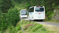 Встреча двух автобусов на узкой горной дороге.