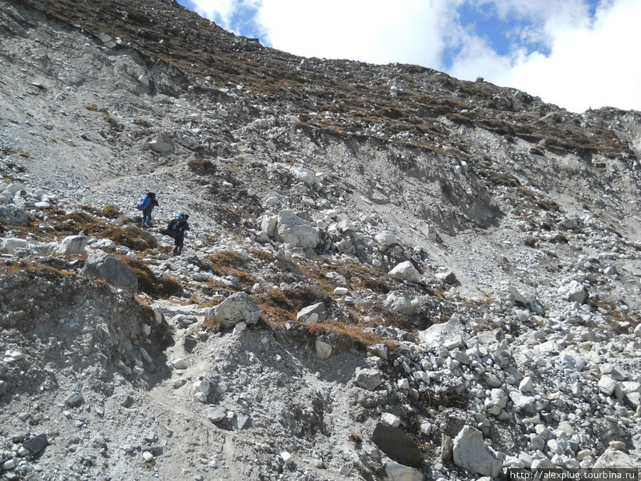 Спуск с моренного гребня на ледник щекочет нервы: сплошная осыпь, порой текущая под ногами. Гокьо, Непал