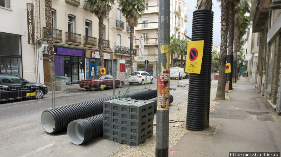 Пальмы вдоль улицы на время строительных работ оборачивают пластиковыми трубами. Перпиньян, Франция