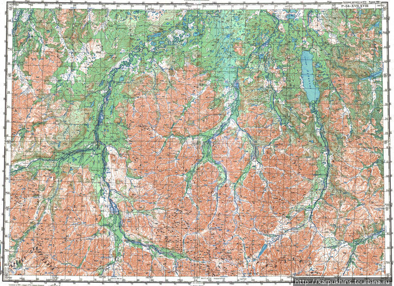 Карта масштаба в 1см. — 2км. Лабынкыр в правом верхнем углу. Озеро Водораздельное внизу.