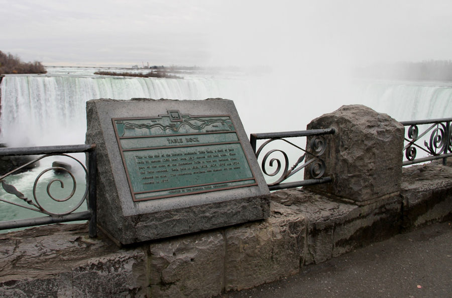 На табличке написано Table rock.  Эта табличка установлена на том месте, где ранее начинался водопад.  Сегодня можно увидеть насколько далеко отступил водопад из-за того, что вода размыла горные породы. Ниагара-Фоллс, Канада