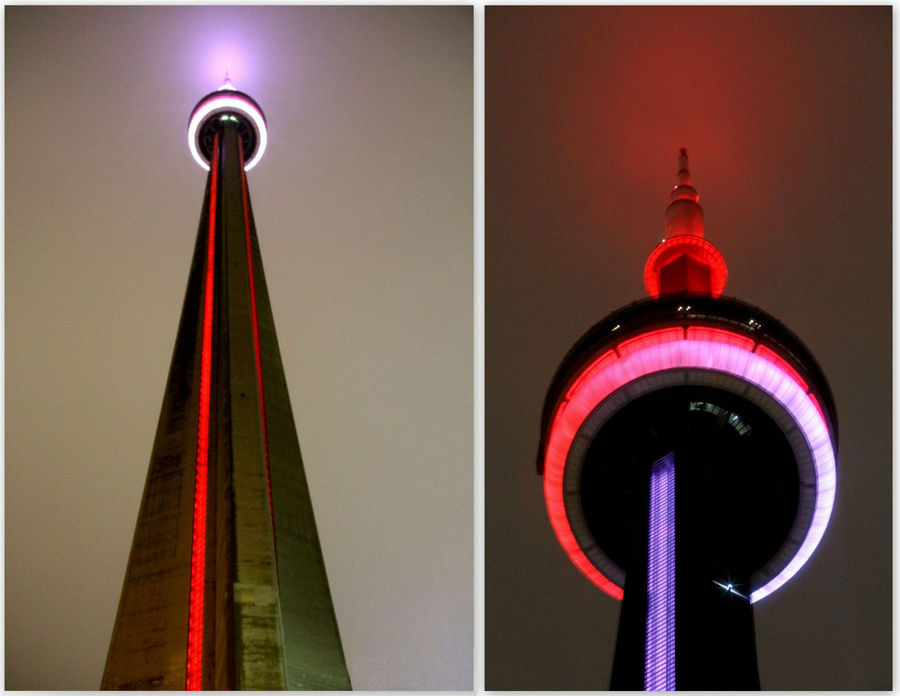 Вечером и ночью башня подсвечивается разными цветами. Торонто, Канада