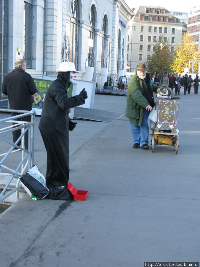 конкуренты: шарманщик с котом и статуя соревнуются за деньги трудящихся Женева, Швейцария