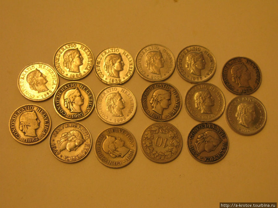 они не изменяются с годами. Монеты XIX века, XX века и XXI века совсем похожи и одновременно находятся в обороте! Базель, Швейцария