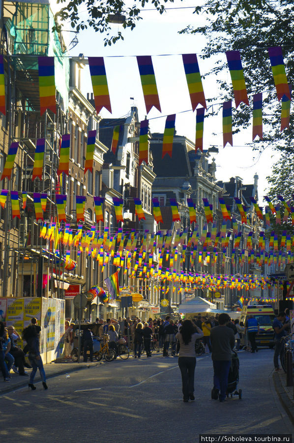 по всему городу была символика гейского флага. думали- ну.. ладно. и только выйдя из кофешопа, мы наконец поняли, что мы на гей параде. не прошло и года.. Амстердам, Нидерланды
