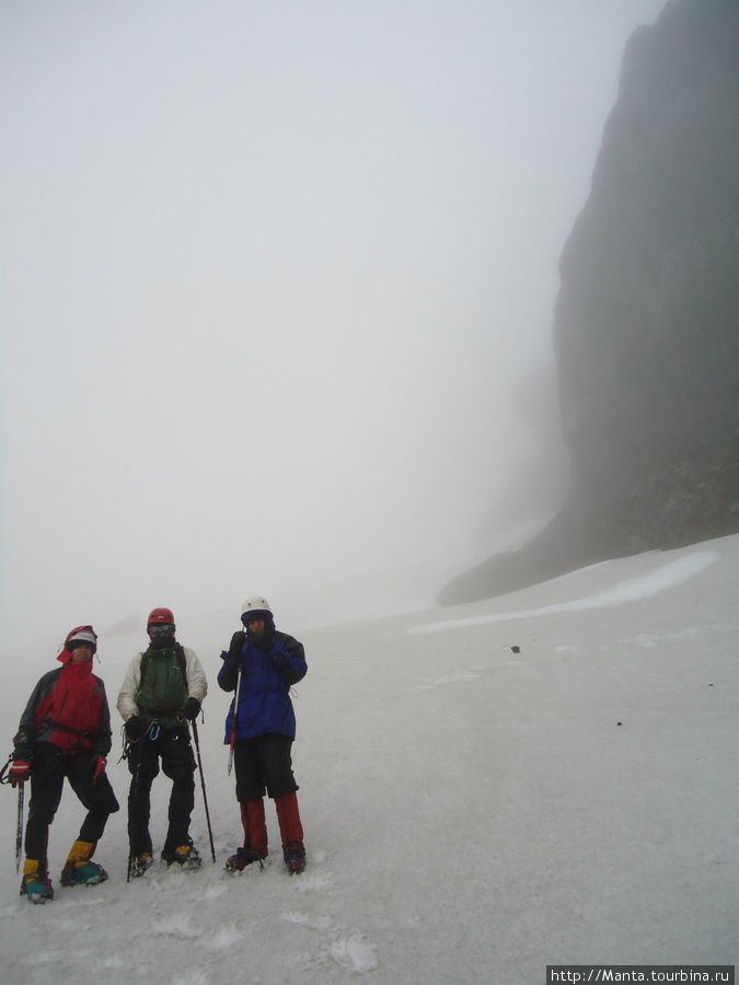 Вылезли на снежник. Облака, дождь, видимость метров 50. Подошли к краю кратера — и нихуя не видно :) Риобамба, Эквадор