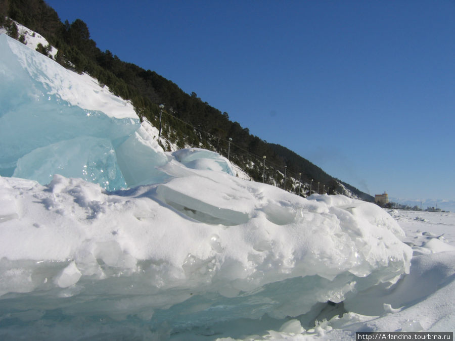 Голубой прозрачный лед вздымается по берегам — торосы байкальские. Листвянка, Россия
