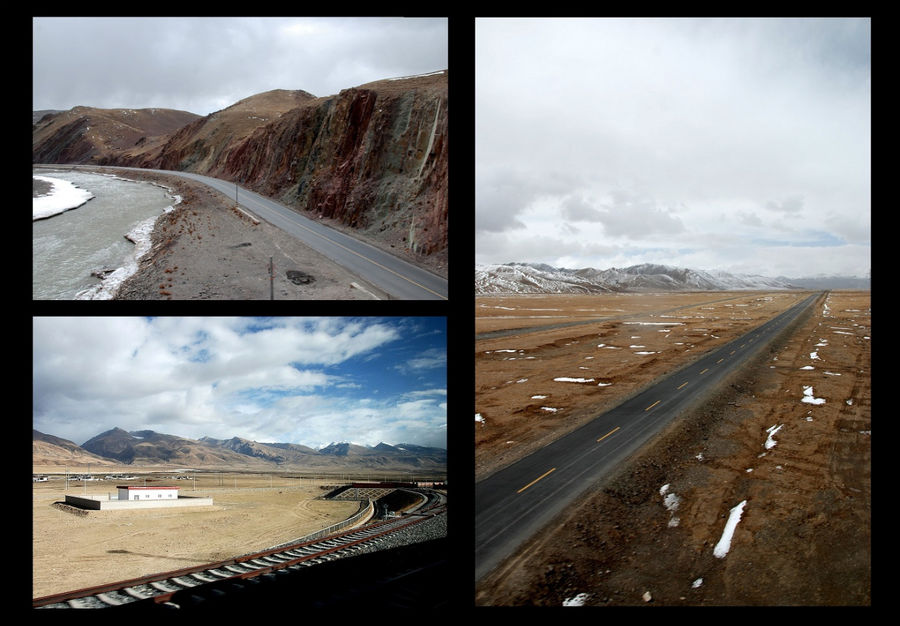 Рядом с ж/д  местами проходит и автомобильная трасса Тибет, Китай