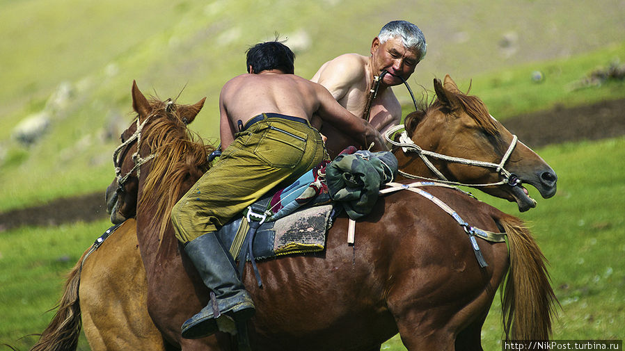 Аударыспак — «перевертыш» — спортивное состязание борцов на конях, цель которого скинуть противника с седла. Проводится весной и символизирует собой смену времени года в природе. Тараз, Казахстан