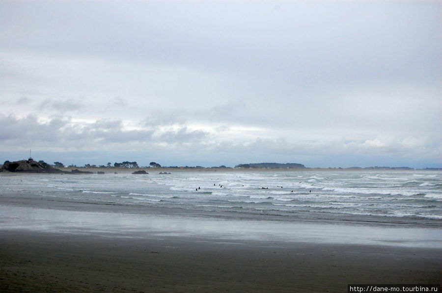 Серферы резвятся в холодных водах океана Крайстчерч, Новая Зеландия