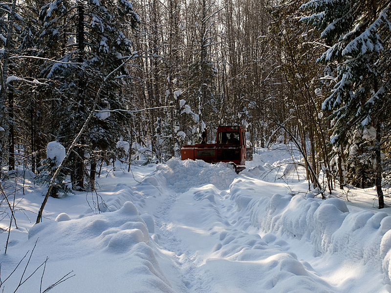 Единственный более-менее пробивающийся по здешним дорогам зимой транспорт — трелевочный трактор с бульдозерным отвалом. Да и он может продвигаться лишь поэтапно, несколько раз прочищая одно и то же место. Морщихинская, Россия