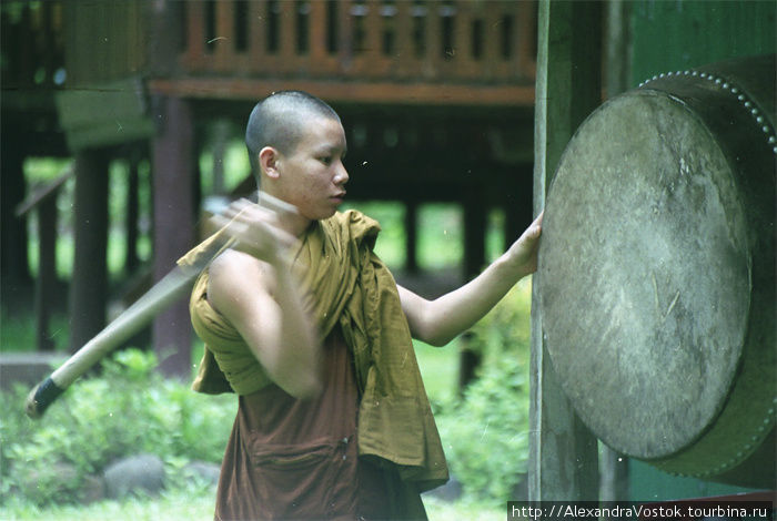 мальчик-монах зовет всех к обеду Северный Таиланд, Таиланд