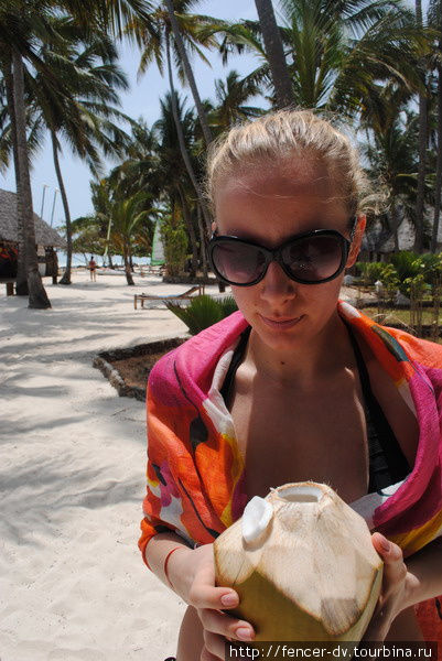 Обрубить кокосовые орех с помощью мачете — и можно пить свежее холодное молоко Остров Занзибар, Танзания