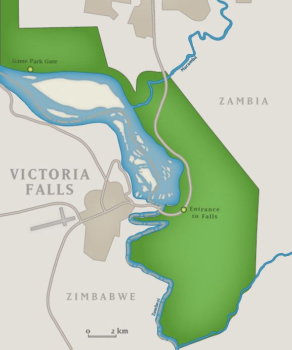 Спор между Замбией и Зимбабве по вопросу, где водопад лучше, не прекращается ни на секунду. Обе страны утверждают, что 80% водопада находится на их территории. И как ни странно, обе стороны правы. Если мы посмотрим на границу между странами, то она делает загогулину между  островами Ливингстона и Катаракта. В результате получается, что 80% непосредственно водопада действительно принадлежит замбийцам. Вместе с тем 80% противоположной стороны, где находятся смотровые площадки, принадлежит Зимбабве. 
Так что, как ни странно, обе стороны правы. Ливингстон, Замбия