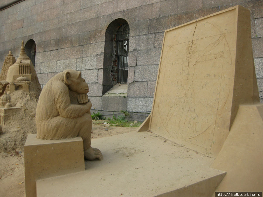 ЧелоВек — обезьяна, или, может, неандерталец, лицезреет знаменитый рисунок Человек Леонардо да Винчи Санкт-Петербург, Россия