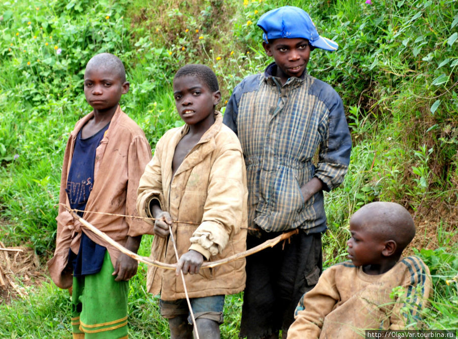 Молодое поколение пигмеев. Интересно, с этим луком действительно можно поохотиться, или так, для виду, соорудили... Кабале, Уганда