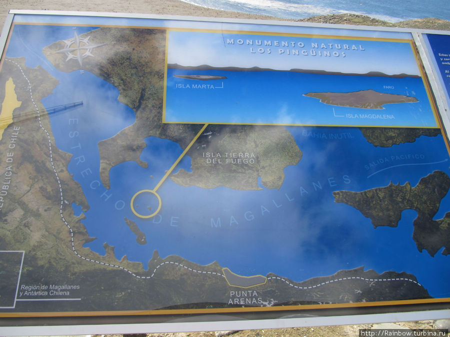 Карта показывающая местонахождения заповедника в Магеллановом проливе недалеко от Огненной земли. Остров Магдалена, Чили