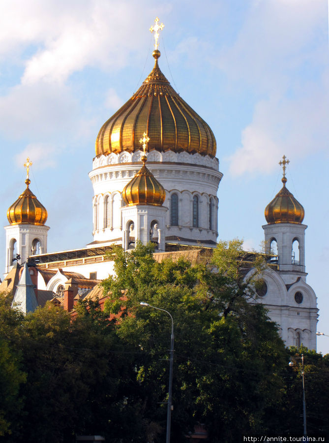 Из-за деревьев показались купола храма Христа Спасителя. Москва, Россия