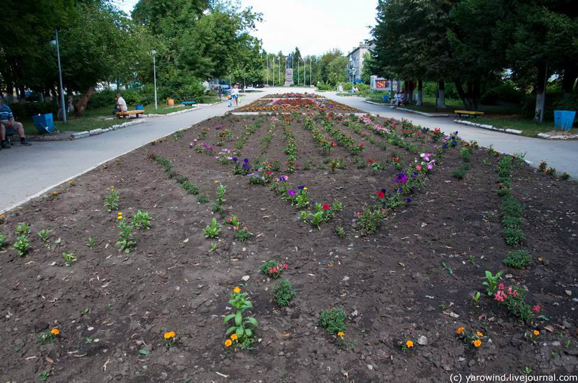 От ЗАГСа начинается центральная аллея с клумбой. Ясногорск, Россия