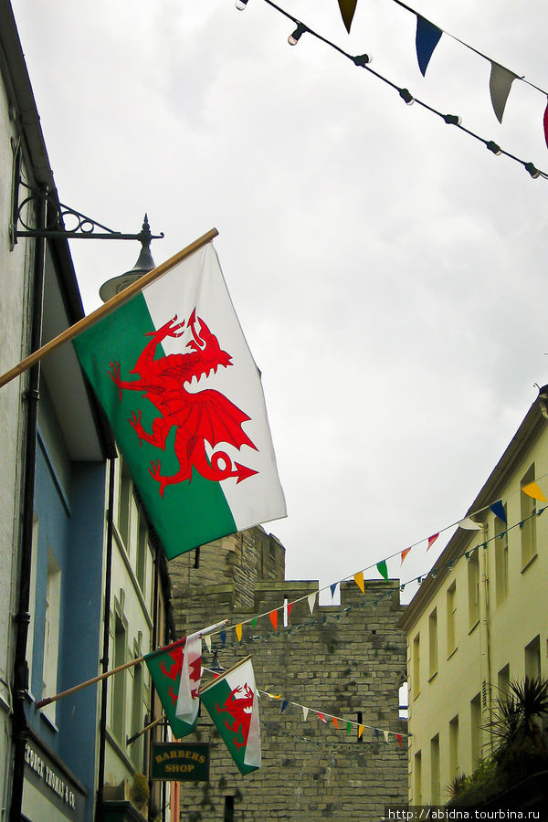 Красный дракон на бело-зеленом флаге — символ Уэльса Кэрнарфон, Великобритания