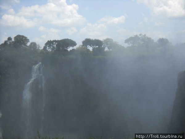 Мощная завеса водяных брызг — такая, что порой другого берега, в полусотне метров, вообще не видно Виктория-Фоллс, Зимбабве