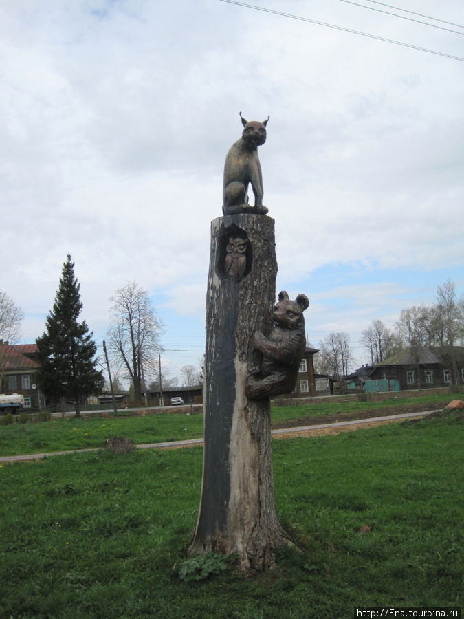 Сквер в центре площади. Рысь, сова и мишка на дереве Любим, Россия