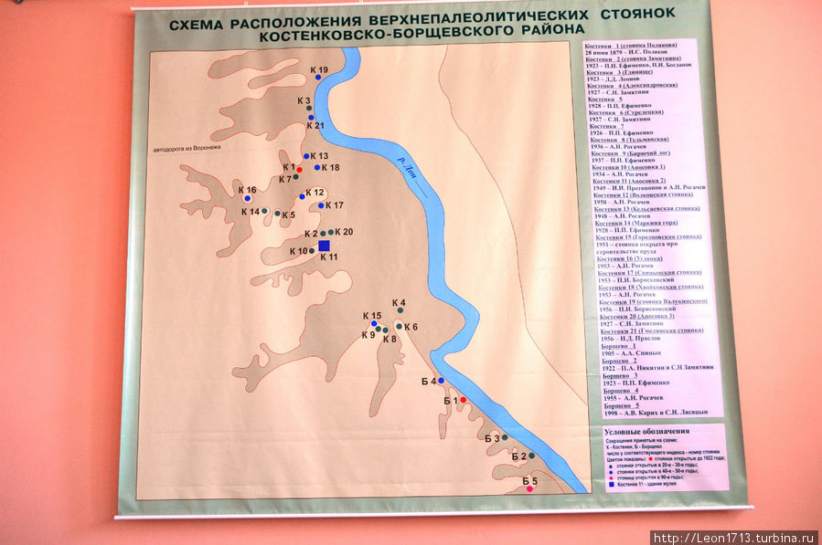 Схема разведанных стоянок древних людей. Костенки, Россия