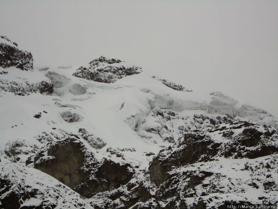 Вот по этому леднику мы собирались залезть наверх. За скалкой в центре ледника вершина. Мачачи, Эквадор