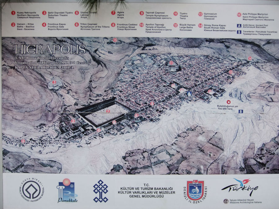 Стенд, на котором воосоздан облик и масштаб Иераполиса Памуккале (Иерополь античный город), Турция