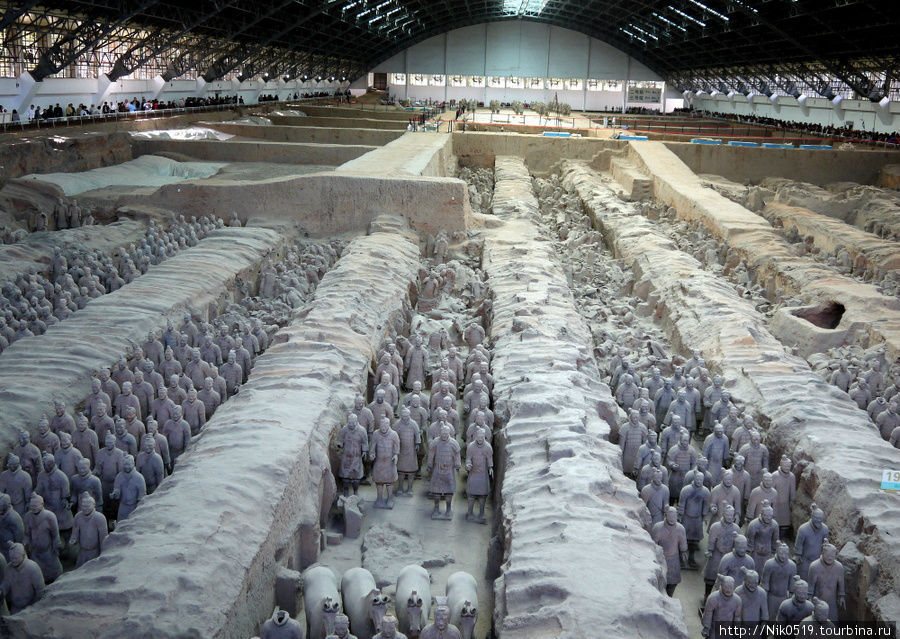 Первый и самый большой полк терракотовой армии. 6000 глиняных воинов, причем лица у всех разные. Сиань, Китай