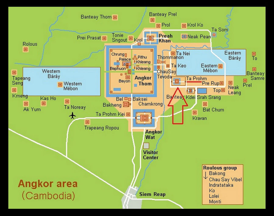 Стрелкой указано месторасположение храма Та Пром в общем комплексе храмов Ангкор. Ангкор (столица государства кхмеров), Камбоджа
